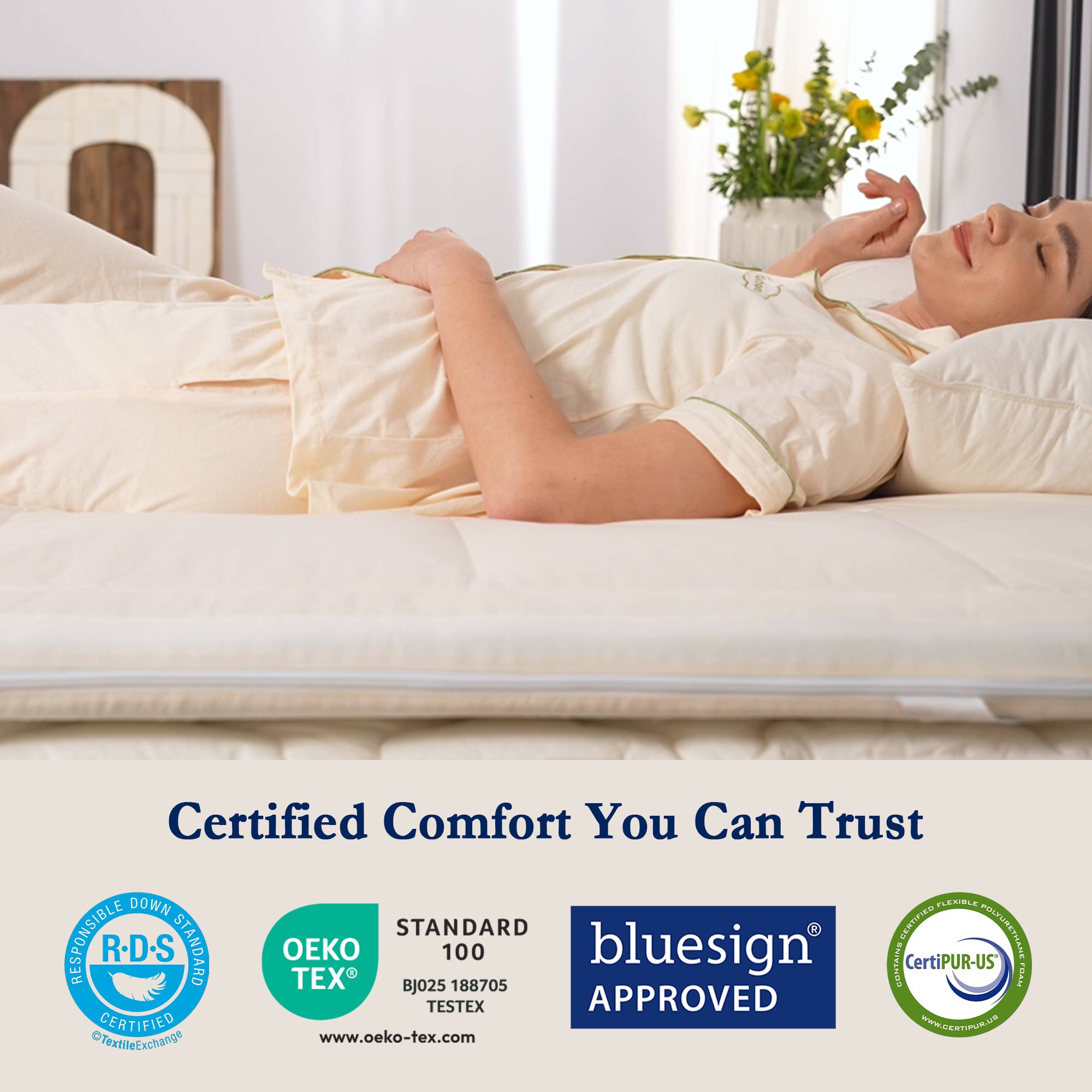 The organic cotton mattress encasement is covered in the serene tones of off-white. Turn your bedroom into a comfortable sleep environment with this washing machine friendly wash cover in off white.