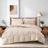 The down feather comforter is covered in solid colors of soft beige or hues of off-white that give it a crisp appearance. Bring natural light to your bedding space and turn it into a cozy spot, while you enjoy the natural feeling of cottony softness with this off white feather comforter.