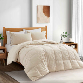 The down feather comforter is covered in solid colors of soft beige or off-white hues. Bring natural light to your bedding space and turn it into a cozy spot with this off white feather comforter.