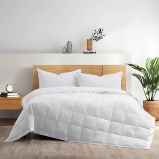 The one piece bedding blanket is colored in snowy white color solid tones. Create a sense of space in your room with the ultra light down blanket in White.