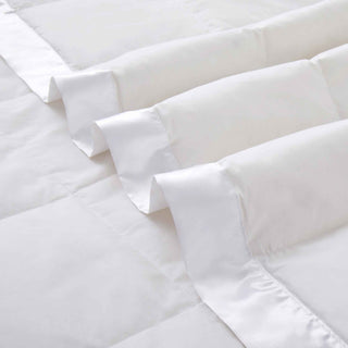 The one piece bedding blanket is colored in snowy white color solid tones. Create a sense of space in your room with the ultra light down blanket in White.