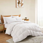 The down feather comforter is covered in solid colors of white. Add an air of elegance and bring perfect levels of warmth to your bedding decor, turning it into a cozy spot with this white color down comforter.