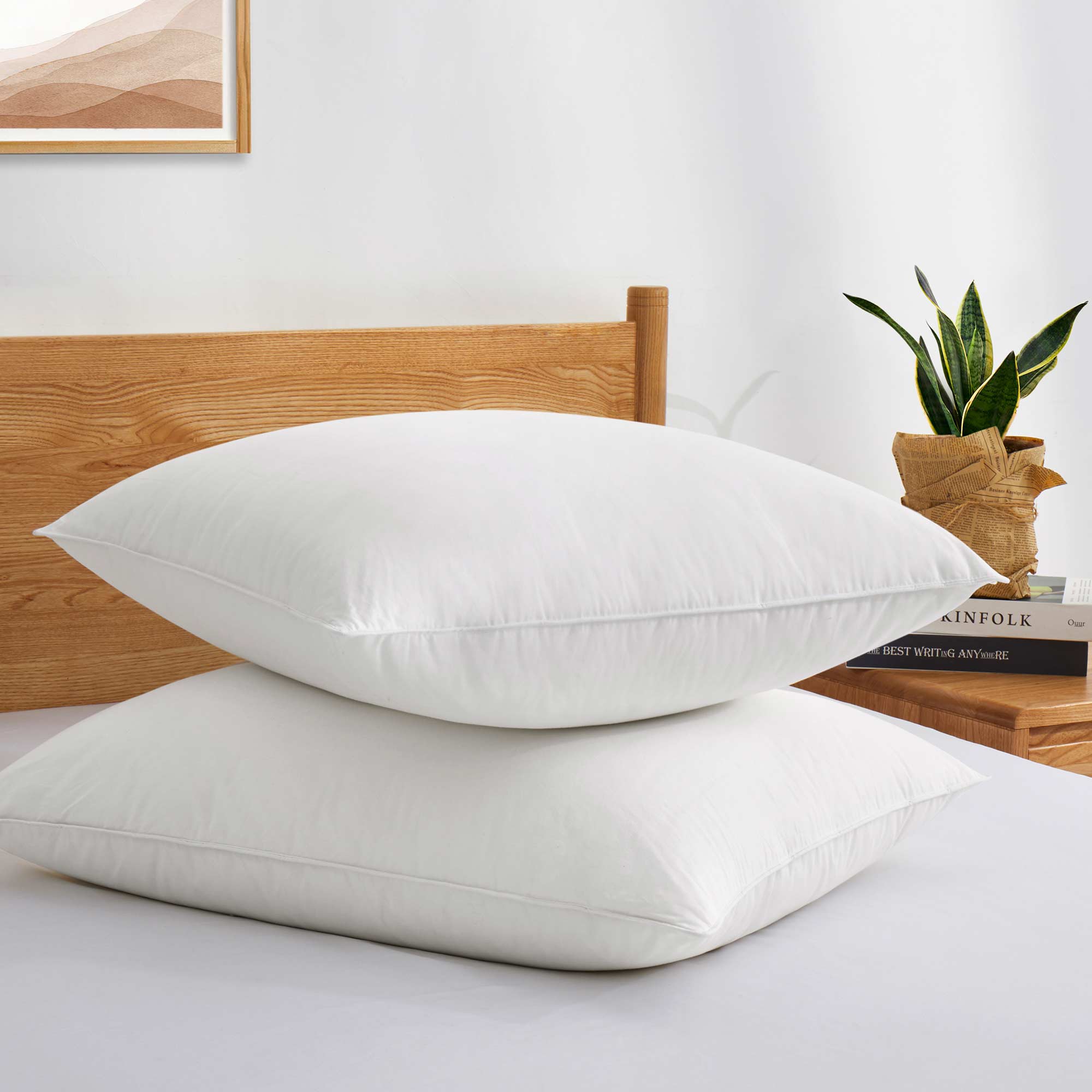 Pack of 2 White Feather Down 4-Layer Bed Pillows for Side & Back
