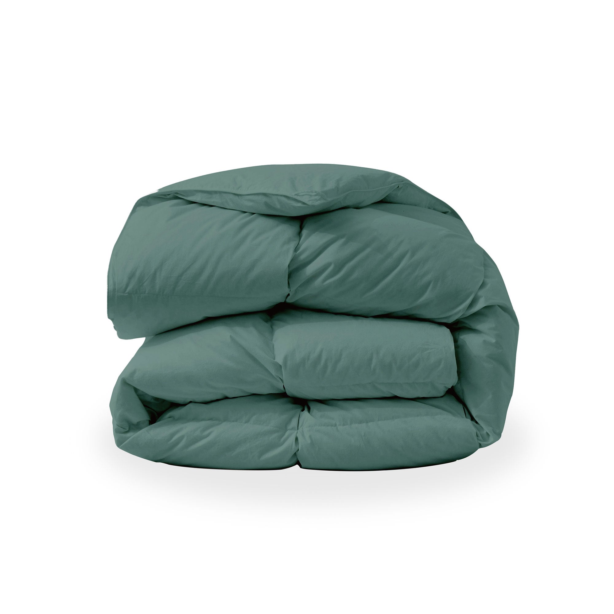 The down feather comforter is brushed in medium tones of forest green. Add a natural element to your bedroom style with this green color medium weight comforter.