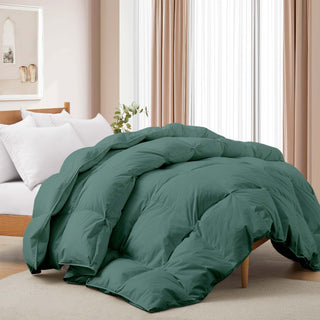 The down feather comforter is brushed in medium tones of forest green. Add a natural element to your bedroom style with this green color medium weight comforter.