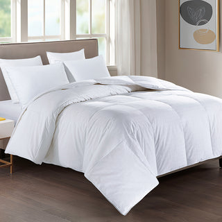 The feather comforter is colored in the crisp tones of white. Bring a ray of sunshine to your room with this white feather down comforter.