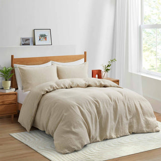 The beautiful duvet cover set is covered in a soft beige color palette or deep cream color tone. Bring the crisp feeling of breathable linen sheets into your room with this lovely duvet cover set.