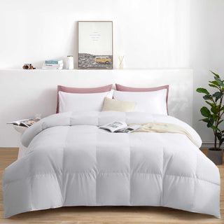 The entire comforter is enveloped in the serene white shades. Elevate your bedding décor to the next level with this white feather-down comforter.