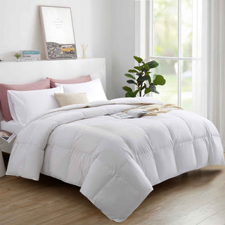 The entire comforter is enveloped in the serene white shades. Elevate your bedding décor to the next level with this white feather-down comforter.