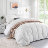 The goose down construction comforter set is colored in the immaculate tones of white. Bring an air of subtleness and minimalism to your bedroom with the Puredown white colored goose down comforter.